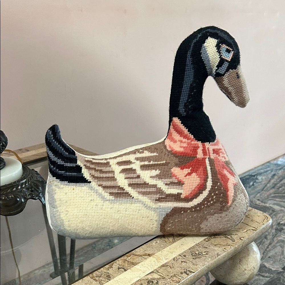 Handmade vintage needlepoint Goose Pillow/doll with Pink Bow